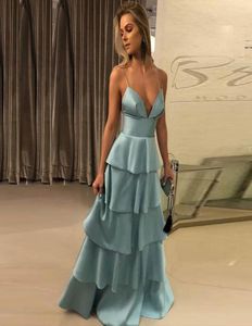 Spaghetti Straps Blue Satin Evening Dresses V Neck Tiered Ruffles Floor Length Backless Elegant Prom Dresses Formal Evening Gowns2980940