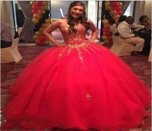 Girls Sweet 16 Red Quinceanera Dresses Dress Dress Dress Prom Pageant with gold heals doot abed beading ball ball vestidos de 15 4701223