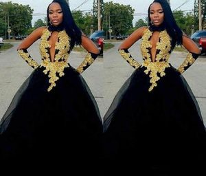 2019 Black and Gold Prom Dresses Tulle kjol afrikansk sexig öppen halsgolv Längd formell aftonklänningar plus storlek6780398