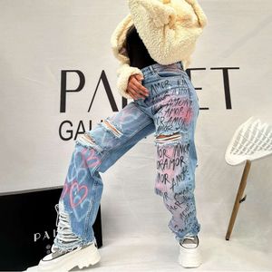 American Style Tattered Jeans, Women's Letter Print, Casual Fashion, Autumn and Winter Slimming Straight Leg Pants, Women's