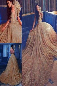 Sparkling Golden Sequines Suknie wieczorowe głębokie vneck seksowna Backless Oszałamiająca sukienka z czerwonego dywanu 2017 Tanie na zamówienie celebrytów Eveni1403958