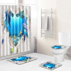 Shower Curtains 3d Marine Waterproof Curtain Four-piece Bathroom Non-slip Door Mat Floor Carpet Set Bath Rug