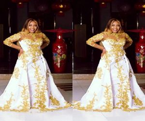 ASO EBI Style White Prom -klänningar med guld Applique O Neck Long Sleeve Satin Mermaid aftonklänning Löstagbar tåg Formella klänningar2234772