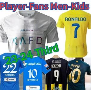 Al-Nassr FC Terceiro 3º 33/24 Kit infantil de Jerseys de futebol 2023 2024 Al-Hilal SFC Camisas de futebol saudita para casa fora Al-Ittihad Club Cristiano Ronaldo Neymar Jr Benzema Cr7