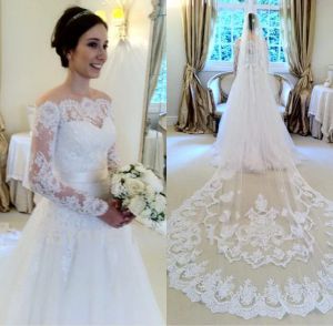 Dresses Lace Wedding Dresses Without Veil Bateau Illusion Long Sleeves Wedding Dress Sweep Train Back Covered Button Sash Ribbon Bridal Go