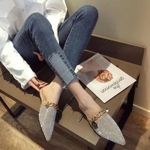 Comemore Slippers Metal Chain Rhinestone Shiny Flat Sandals Slip-on Evening Party Slides Shoes Silver Womens Mules Luxury 240321