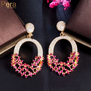 Earrings Pera Stunning African Gold Colour Fuchsia CZ Zircon Long Round Dangle Drop Luxury Banquet Party Earrings for Women Jewelry E972