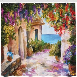 Tende da doccia paesaggistica vecchia villaggio con e cancello di fiori ospita greco per opere d'arte in tessuto decorazioni da bagno set ganci