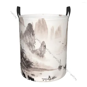 Laundry Bags Bathroom Organizer Chinese Landscape Watercolor Painting Folding Hamper Basket Laundri Bag For Clothes Home Storage