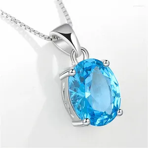 Pendant Necklaces Female Luxury Lake Blue Stone Big Oval Clavicle For Women Silver Color Zircon Wedding Party Necklace Jewelry