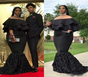 African Plus Size Prom Dresses Black Off The Shoulder Evening Gowns Ruched Sweep Train 3D rose floral African Women Formal Party D9665156