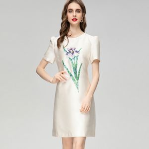 Women's Runway Dresses O Neck Short Sleeves Beaded Floral Elegant A Line Fashion Mini Vestidos