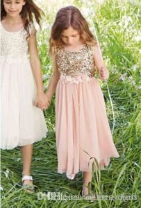 Dresses 2017 Blush Flower Girls Dresses Gold Sequins Hand Made Flower Sash Tea Length Tulle Jewel A Line Kids Formal Dress Junior Bridesma