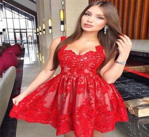 Red Lace Short Cocktail Party Dresses With Spaghetti Straps A line Applique Homecoming Evening Formal Dress Cheap3704030