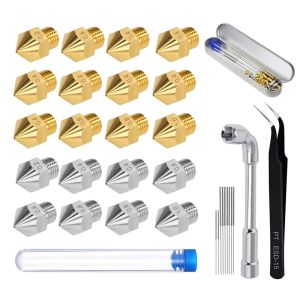 Sets 20Pcs 3D Printer Nozzle Kit, Brass+Stainless Steel MK8 Nozzles Extruder Print Head with Nozzle Cleaner Tool