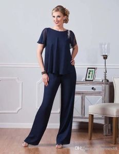 Suits Navy Blue Chiffon Pants Suits For Mother of the Bride Jewel Halser Billiga klänningar Fest kväll för bröllopsmödrar Gästklänning c