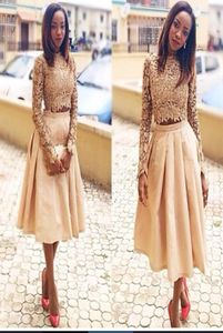 Champagne Lace Two Pieces Prom Dresses with Long Sleeves High Neck Crop Top Vintage Tea Length Short Party Homecoming Dress 2015 V2520607