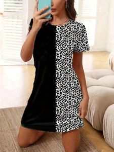 Lässige Kleider schwarz elegantes Frauenkleid Leopard Pinsen Kurzarm O Hals Slim Pass
