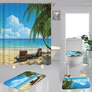 Zasłony prysznicowe 3D Słoneczny na plaży Wodoodporny materiał 4PC Set Scenerie Scenerie Screen Screen Dibet Bather Bezlip Decor