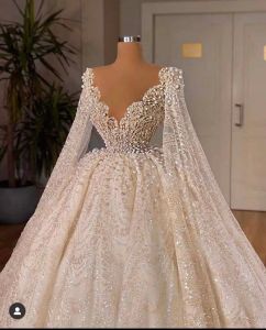 Dresses Luxury Ball Gown Pearls Wedding Dresses Lace Appliqued Beaded Sheer V Neck Dubai Arabia Bridal Gowns Vestidos De Novias