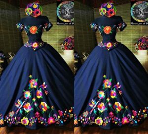2022 패션 Charro Mexico Quinceanera Dresses Navy Blue 자수 어깨 새틴 코르셋 백인 Sweet 15 Girls Prom Dress 6032775
