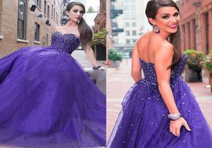 Schatz Ausschnitt Kugelkleid Promkleider mit Perlen exponiertes Boning Purple Tulle Abendkleider Vestidos de Fiesta Baratos2338995