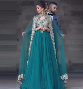 2020 New Hunter Green Arabic Muslim Evening Dresses Long Sleeves Appliques Two Piece With Wrap Formal Prom Dress Plus Size Dubai P1971681