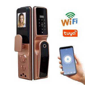 Lock WIFI TUYA APP Mobile Phone Remote Unlock Fingerprint Magnetic Card Password Key Fully Automatic Smart Door Lock With Camera
