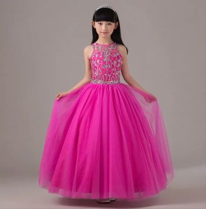 Abiti adorabili Principessa Fuchsia Gioiello Minore Long Flower Girl Abite perle Tulle Lunghezza Abito da ballo Fare Feeding Girl Girl