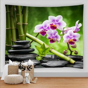 Tapestries Zen Stone Plant Bamboo Tapestry Wall Hanging Flowers Running Water Scenery Ceiling Cloth Carpet Beach Towel Decor