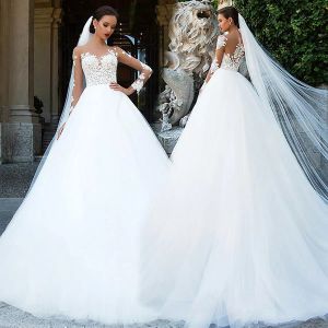 Dresses Amazing Tulle Bateau Neckline See Through White ALine Wedding Dresses With Beaded Lace Appliques Long Sleeves Bridal Dress