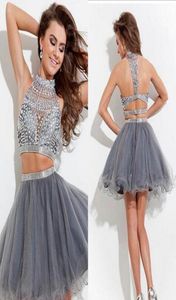 SLIVER CRYSTALS Två stycken Cocktail Prom Dresses Rachel Allan High Neck Pärled Hollow Grey Tulle Aline Short Homecoming Dress8844217