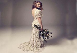 Vintage Wedding Dresses Sheath Column Backless Full Lace Boho Bridal Gowns with Illusion Short Sleeves Sweep Train Cheap High Qual5043538
