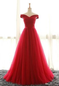 Off Shoulder Red Tulle Prom Party Dresses Sweep Train Pleated Plus Size Corset Formella aftonklänningar6968906