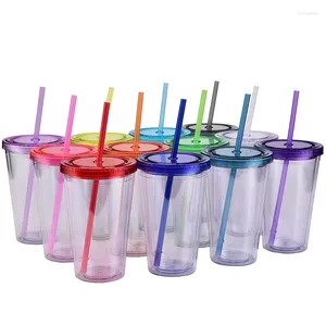 Canecas 16 onças acrílico transparente Tumblers de parede dupla isolada Copa de plástico de café bebendo caneca reutilizável com palhas