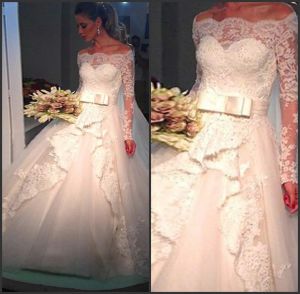 Dresses Tulle Off The Shoulder Ball Gown Wedding Dresses With Lace Hem And Long Sleeves amanda noivas vestidos de noiva