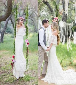 Romantisk elfenben full spets bohemiska bröllopsklänningar sexig av axel plus storlek svep tåg trädgård strand brud klänningar9631724