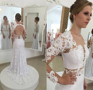 Elegante Meerjungfrau Weiß Full Spitze Brautkleider 2019 Sexy offener Rücken langer Ärmeln Spitze Perlen -Brautkleider Custom Made1789030