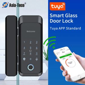 잠금 스마트 유리 도어 생체 지문 잠금 잠금 장치 Tuya 앱 Bluetooth 제어 전자 도어 잠금 13.56MHz RFID 카드