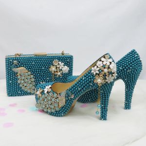 Digitalizando Baoyafang Teal Blue Pearl Wedding Shoes com sacos combinando Bride Heels High Sapatos de plataforma Round Toe