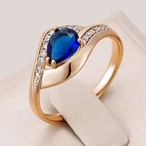 Кластерные кольца Kinel Sparkling Blue Natural Circon Ring для женщин Luxury 585 Rose Gold Color Vintage Wedding Daily Daily Fine Jewelry