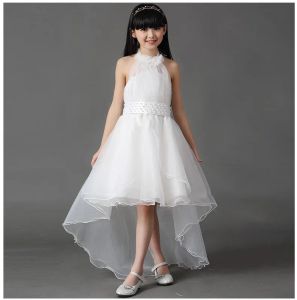 Elbiseler en kaliteli beyaz tül çiçek kız elbise düğünler için zarif askısız arka elbise 214 yaş partisi doğum günü elbisesi çocuklar için