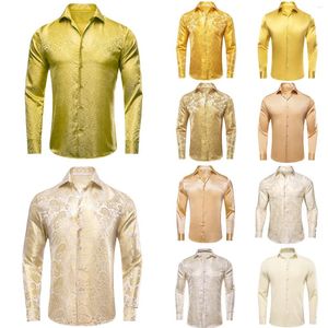 Men's Dress Shirts Hi-Tie Silk Mens Lapel Long Sleeve Gold Beige Ivory Champagne Shirt Jacquard Blouse For Male Wedding Business Prom