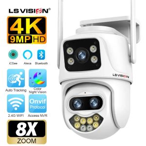 Cameras LS VISION 9MP 4K HD WiFi IP Camera Outdoor 8x Zoom Three Lens Dual Screen PTZ Camera Auto Tracking Onvif CCTV Camera iCSee App