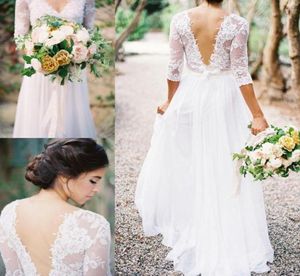 Vintage Wedding Dresses Lace Chiffon Bridal Dresses Boho Lace Dress Vneck 3 4 Long Sleeves Low Back Aline Wedding Dresses yo916894499