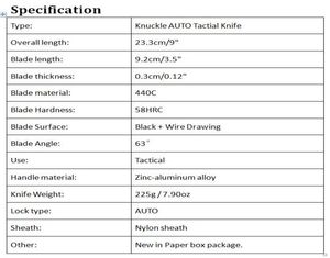 高品質のナックルオートタクティカルナイフ440CシングルエッジドロップポイントファインZnalハンドルブレードギフトナイフ付きナイロンbag8301009