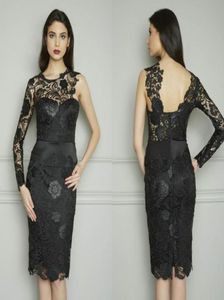 Sexy Custom Made One Shoulder Sheer Long Sleeve Sheath Knee Length Evening Party Gowns Black Lace Formal Cocktail Dresses DL119098835673