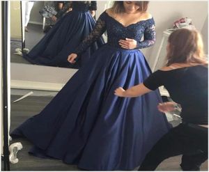 Navy Blue Evening Dresses Long Sleeve Off Shoulder V Neck Satin Lace Prom Dress Zipper Plus Size Party Gowns8436929