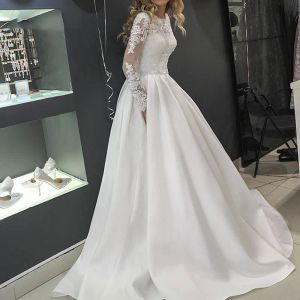 Vestidos mangas compridas apliques renda vestidos de noiva aline cetim renda 2020 modestos vestidos de noiva personalizados de mariee