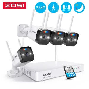 System Zosi 3MP Mesh WiFi Security Camera System Tow Way Audio 8ch NVR WiFi Outdoor AI IP Camera Wireless CCTV Video Surveillance Kit